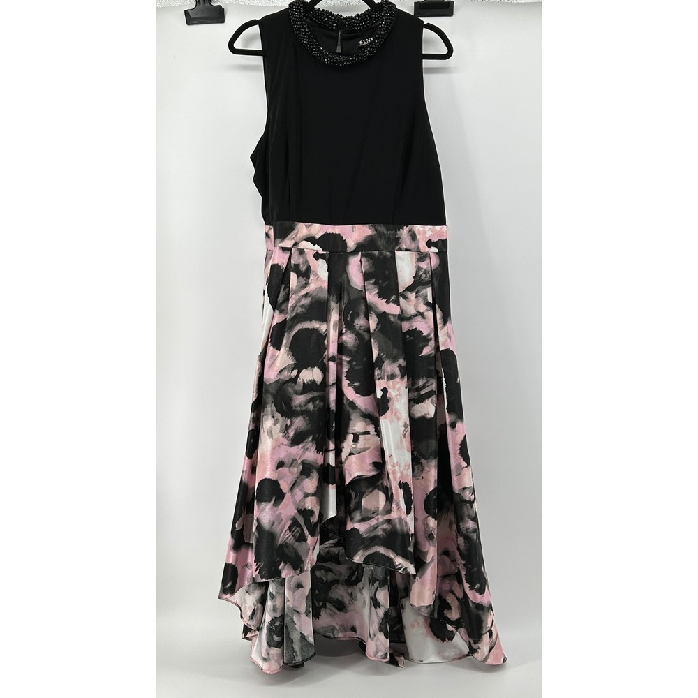 SLNY Black Pink Floral Beaded Neck High-Low Dress Missy 16 NWT Formal Occasion